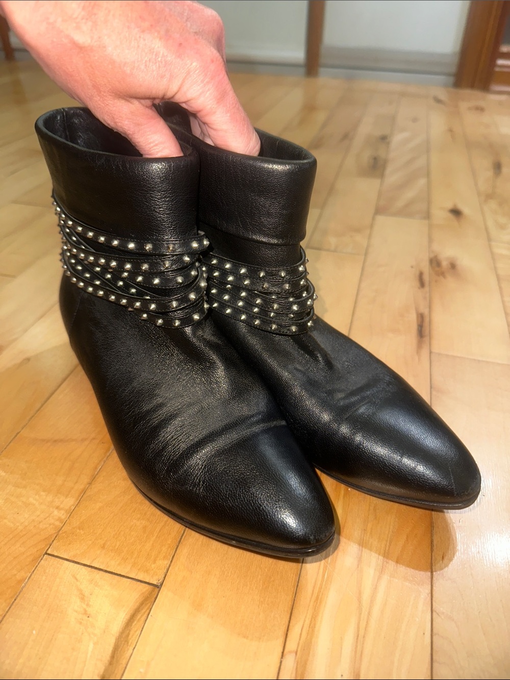 Saint Laurent Black Leather Ankle Boots with Studded Strap Detail
